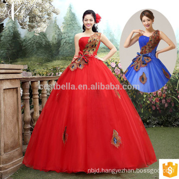 Red Lace Appliqued Strapless Floor Length Tulle Puffy Ball Gown Wedding Dress